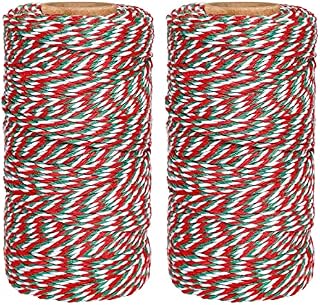 Red Green and White Christmas Cotton Twine String 100M x 2 Rolls Craft Cord Wrapping String Garden Twine Cotton Rope for DIY Crafts, Handmade Arts, Gardening and Gift Wrapping