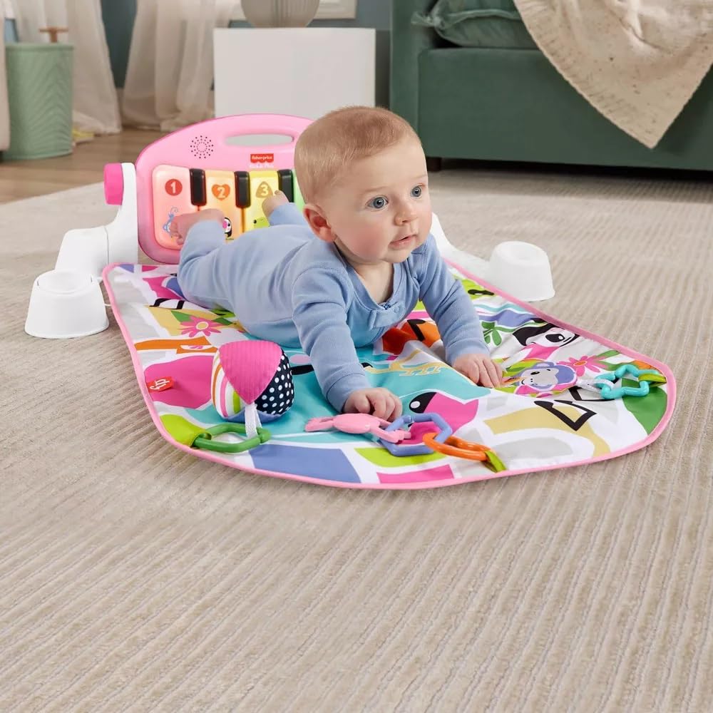 Fisher-Price Glow & Grow Kick and Play Gym – Tapis de Jeu Rose pour bébé avec 4 façons de Jouer, Apprentissage des étapes intelligentes, 10 Jouets reliables et Piano Amovible pour Nouveau-né et Plus