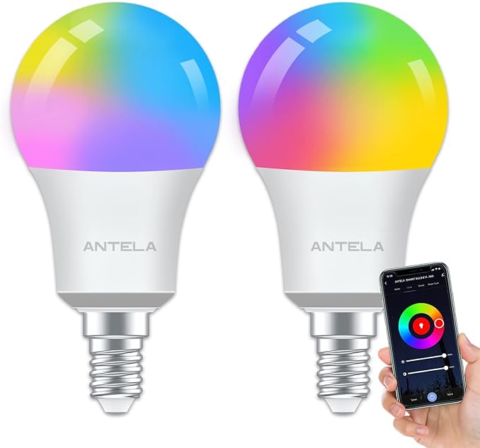 ANTELA Bombilla LED Inteligente WiFi E14 806lm, 16 Millones de Colores, Luz Fría Cálida 2700 a 6500K, Compatible Alexa y Google Home, Vida Útil 15000 Horas, 2pcs