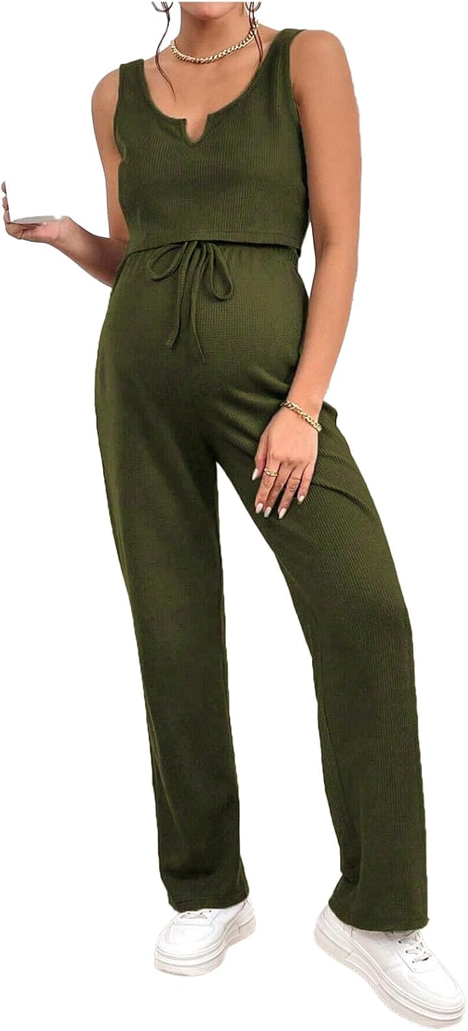 Yartina Pregnant Women Loungewear Sets Sports Outfit Pregnancy Yoga Clothes Tank Top with Pants V Neck Rompers Army Green Large