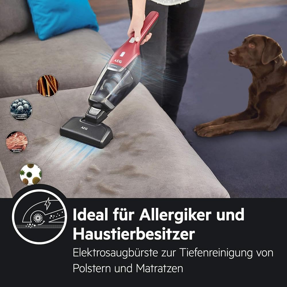 AEG Ergorapido 2in1 Akku Staubsauger, Beutellos, inkl. Tierhaardüse, ETM Testsieger, bis zu 45Min Laufzeit, Freistehend, 180° Drehgelenk, Bürstenreinigungsfunktion, LED-Frontlichter, Rot, CX7-2-45AN