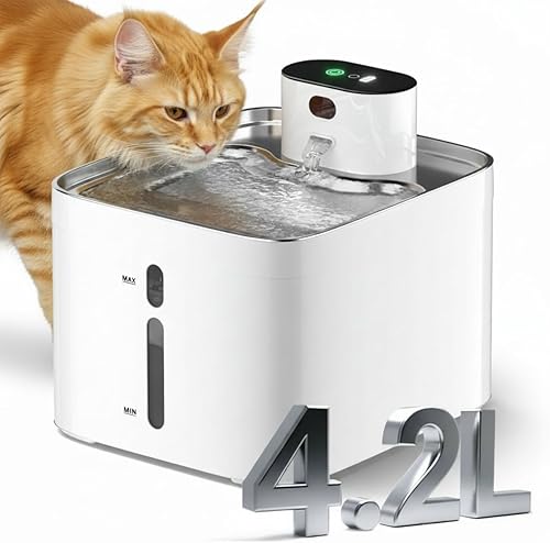 Fuente de agua para gatos sin bombeo de 4.2L, fuente para gatos con batería de 5000 mAh, fuentes de agua inalámbricas para mascotas, modos de agua