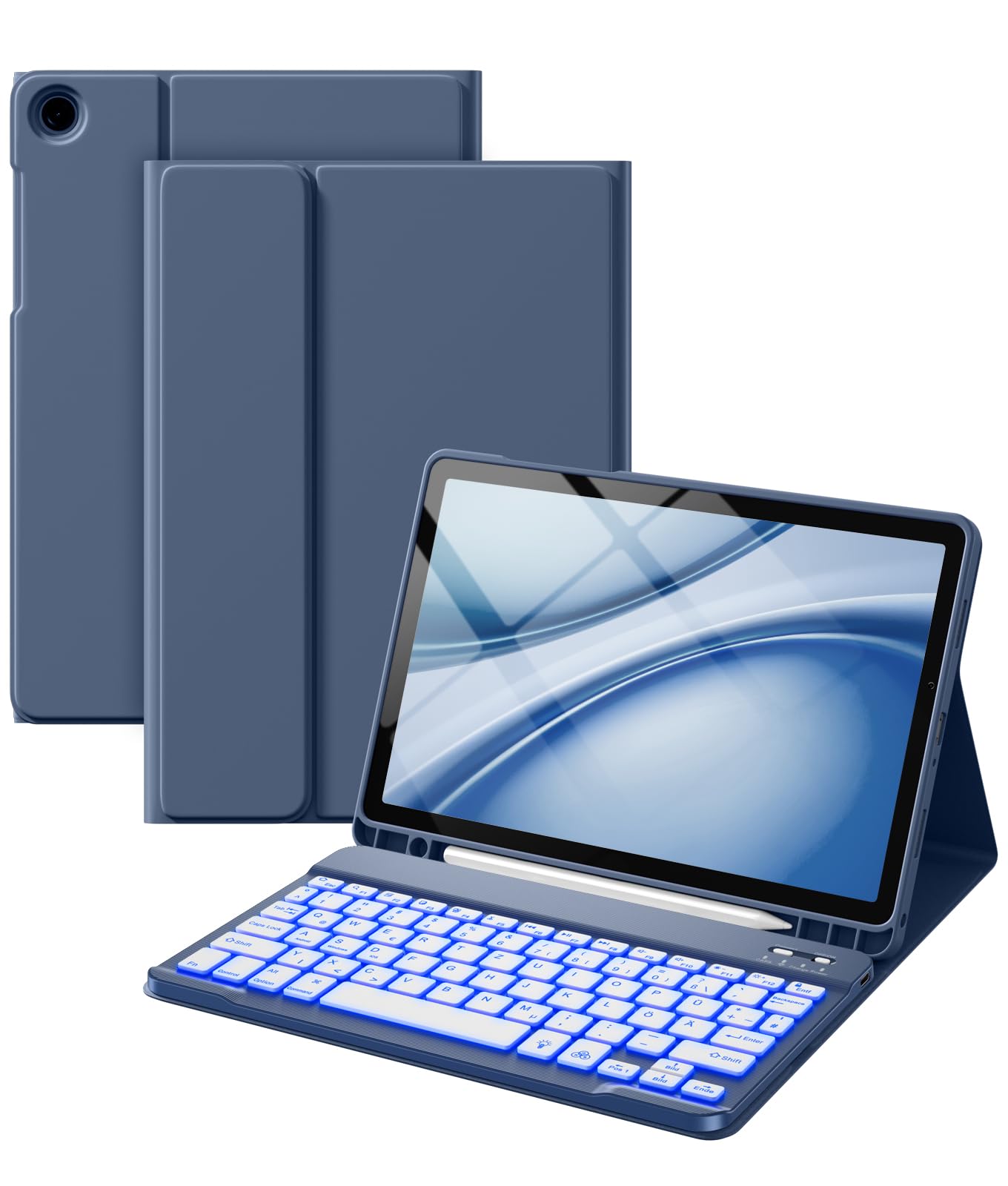 Vobafe Hülle mit Tastatur für Samsung Galaxy Tab A11+ Plus 11 Zoll 2025 / Tab A9+ Plus 2023, 7 Farben Beleuchtete mit Abnehmbare Tastatur, TPU Rückschale mit Stifthalter, QWERTZ, Blaugrau
