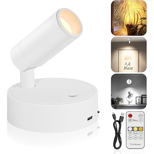 LED Spotlight Indoor, Wireless Plant Spotlight Up Light with Remote Dimmable, Battery Powered Rechargeable Spot Light for Picture on Wall, Mini Accent Lighting for Trees Plant Lights