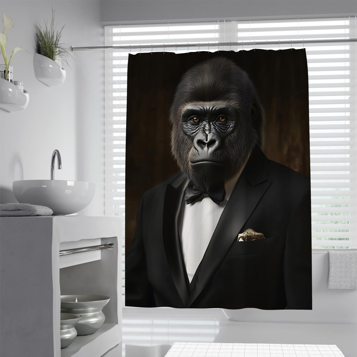 UIRINGART Stylish Gentleman Shower Curtain W120xL200cm Gorilla Tuxedo Portrait Print Polyester Waterproof Washable Easy To Clean Bathroom Bath Curtain Hotel Decor with Hooks
