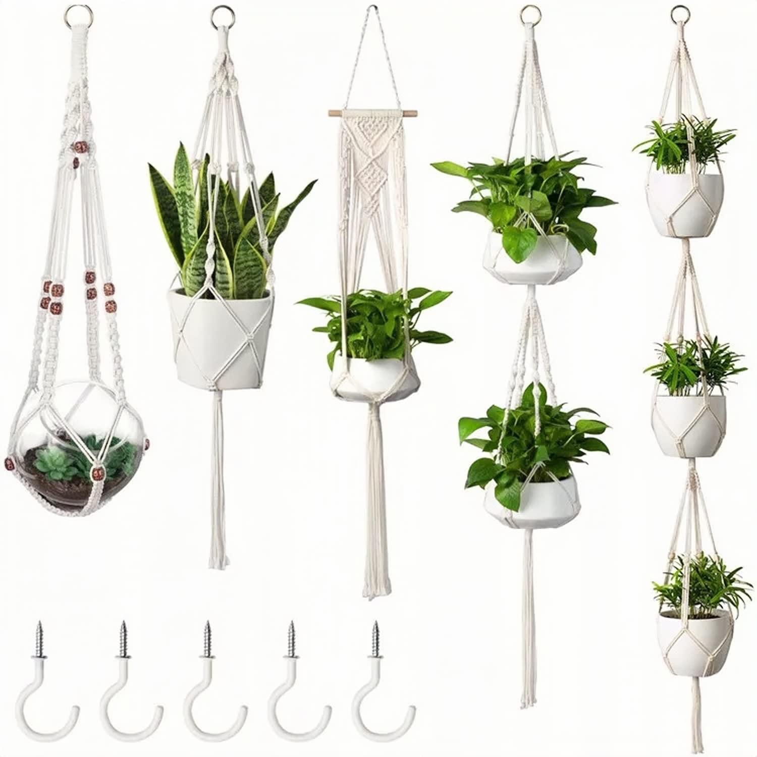 ADVANLUXE5 Pack Macrame Plant Hangers With 5 Free Hooks I Handmade Hanging Plant Holder Basket Stand Flower Pot Holder for Home Office Garden and More (Plant Pot Not Included)