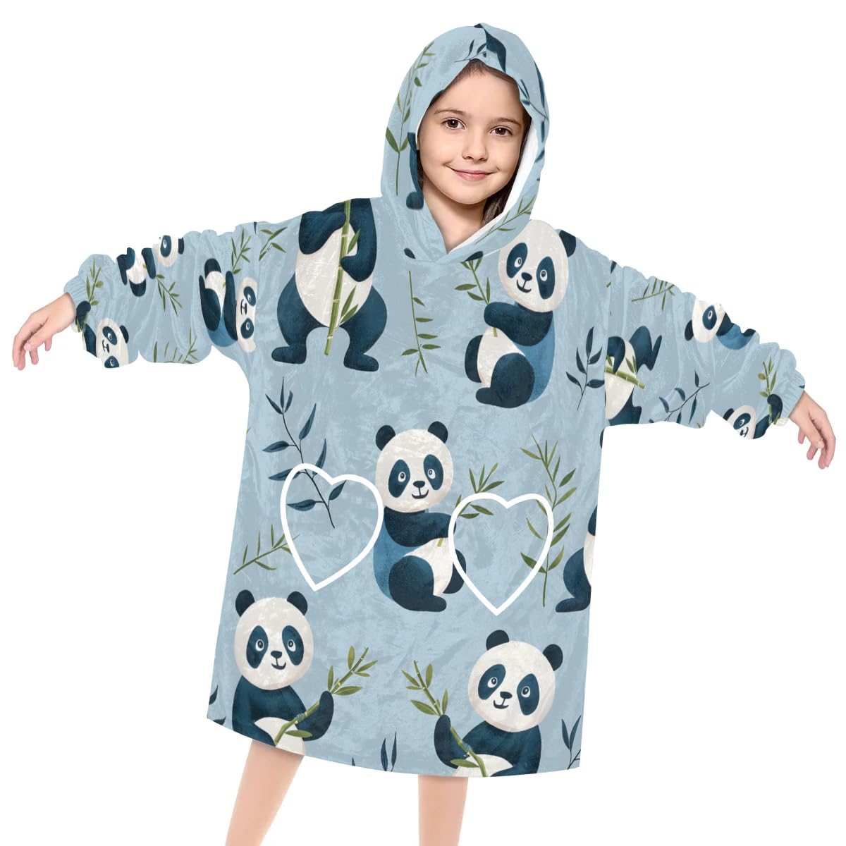 Wearable Blanket Hoodie for Kids, Iconic Panda Fleece Sweatshirt Blanket Oversized Blanket Sweatshirt with Pocket Flannel Warm Hooded Blanket 6-10 Year Old Girl Boy Gift, One Size