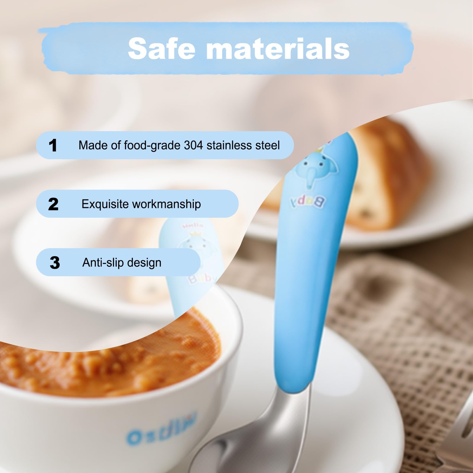 Cuillère d’Apprentissage et Fourchette,Couverts en Acier Inoxydable,Cuillère Courbée Ergonomique pour Apprentissage Autonome,Esslernbesteck Inox,Motif Éléphant,13 cm,Couverts Personnalisés