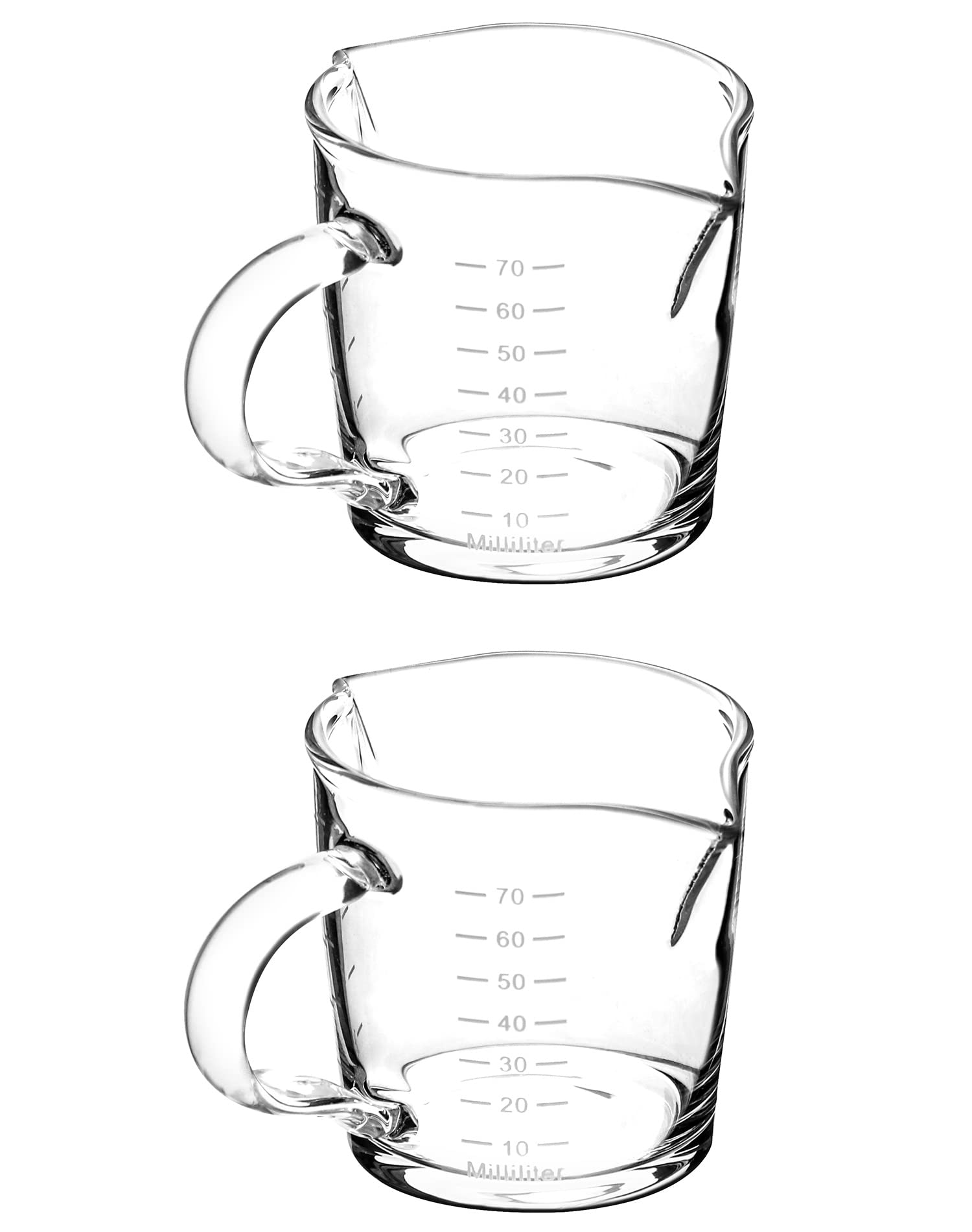 Vaso de chupito espresso con asa, paquete de 2 tazas medidoras de vidrio de doble boquilla de 3 onzas, taza de leche triple con dos escalas (OZ y ML) 7