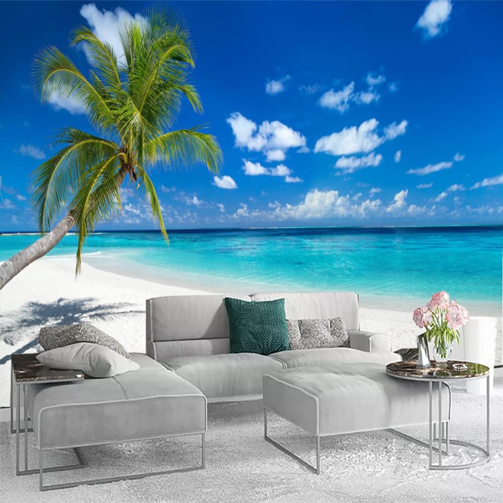 Papier Peint Panoramique de Vacances Vacances D'été Palmiers, Plage Exotique Tropicale Ensoleillée Poster Murale Intissé - pour Chambre Salon Décoration Murale - 300 x 210 cm