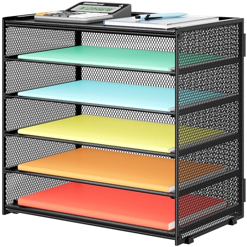 Biciyarn 6 Tier Paper Organizer, Metal Mesh Desk File Folder, Letter Tray Organizer, Paper Sorter Desk Organizers for Office, Home or School File Folder Holder - Black