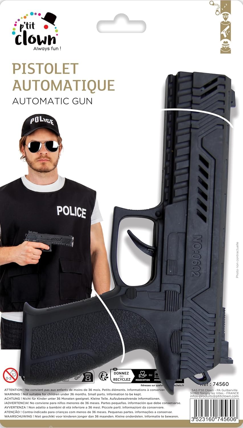 P’TIT CLOWN - 74560 - Pistola Automatica Finta - Giocattolo - Accessorio per Travestimento Carnevale, Halloween, Cosplay, Film, Spettacolo, Feste in Maschera - Plastica - 21 cm - Nero