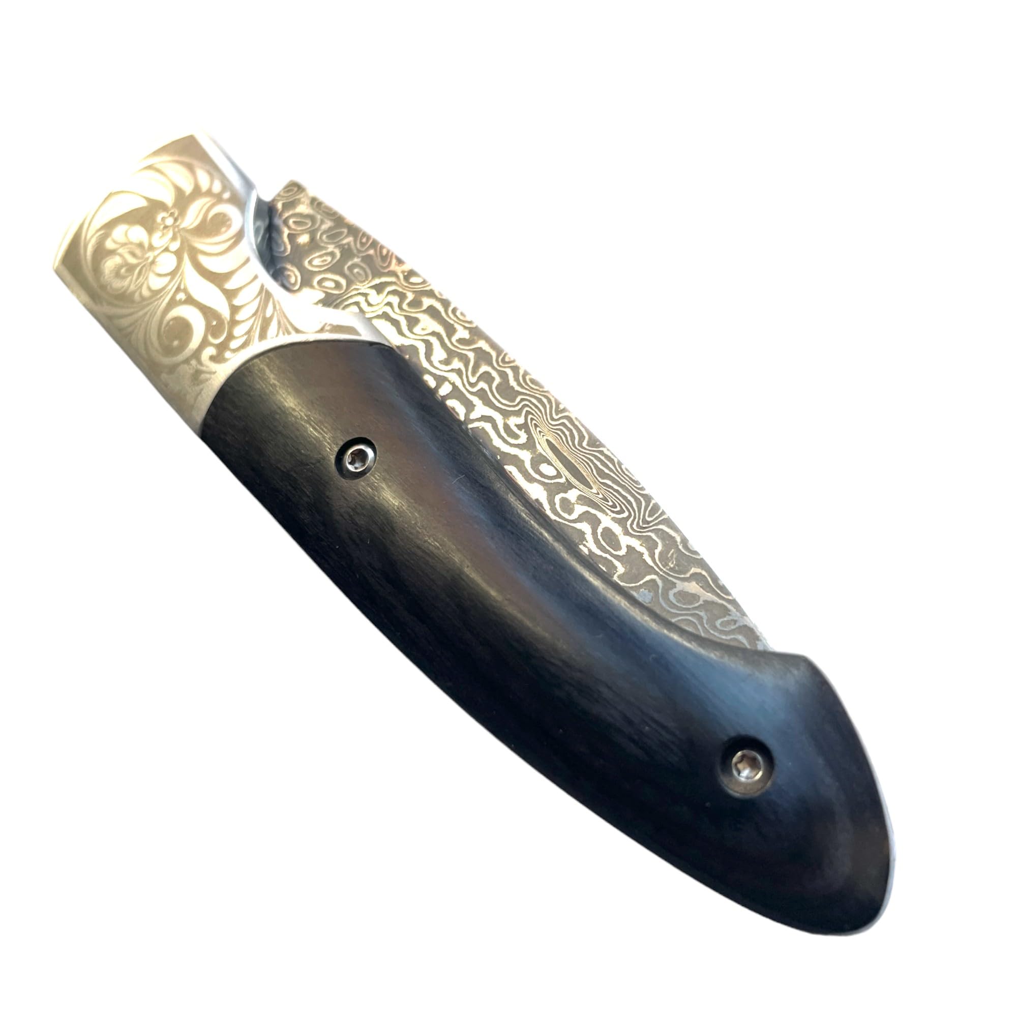 Navaja Damasquinada - 17,40 cm - hoja 7,20 cm damasquinada de acero damasco 67 lamas - mango negro de madera 10,20 cm - peso 91,60 gr - Bushcraft Ideal para Portabilidad y Uso Diario