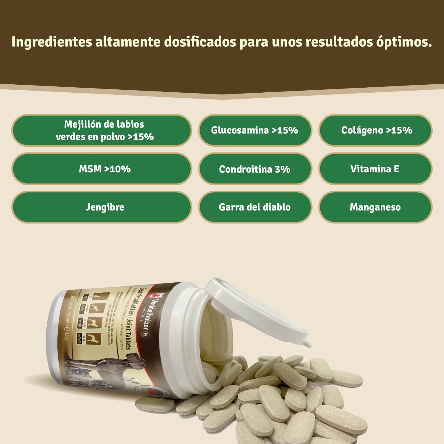 Veddelholzer condroprotector glucosamina MSM colágeno hialurón 125 cápsulas perros articulaciones