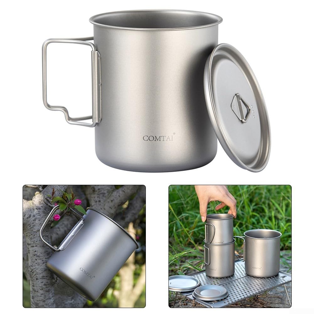 Tazza da campeggio ultraleggera, in titanio, portatile, con manico pieghevole, in metallo antiruggine, per escursioni e viaggi zaino in spalla (300 ml + 450 ml + 750 ml)