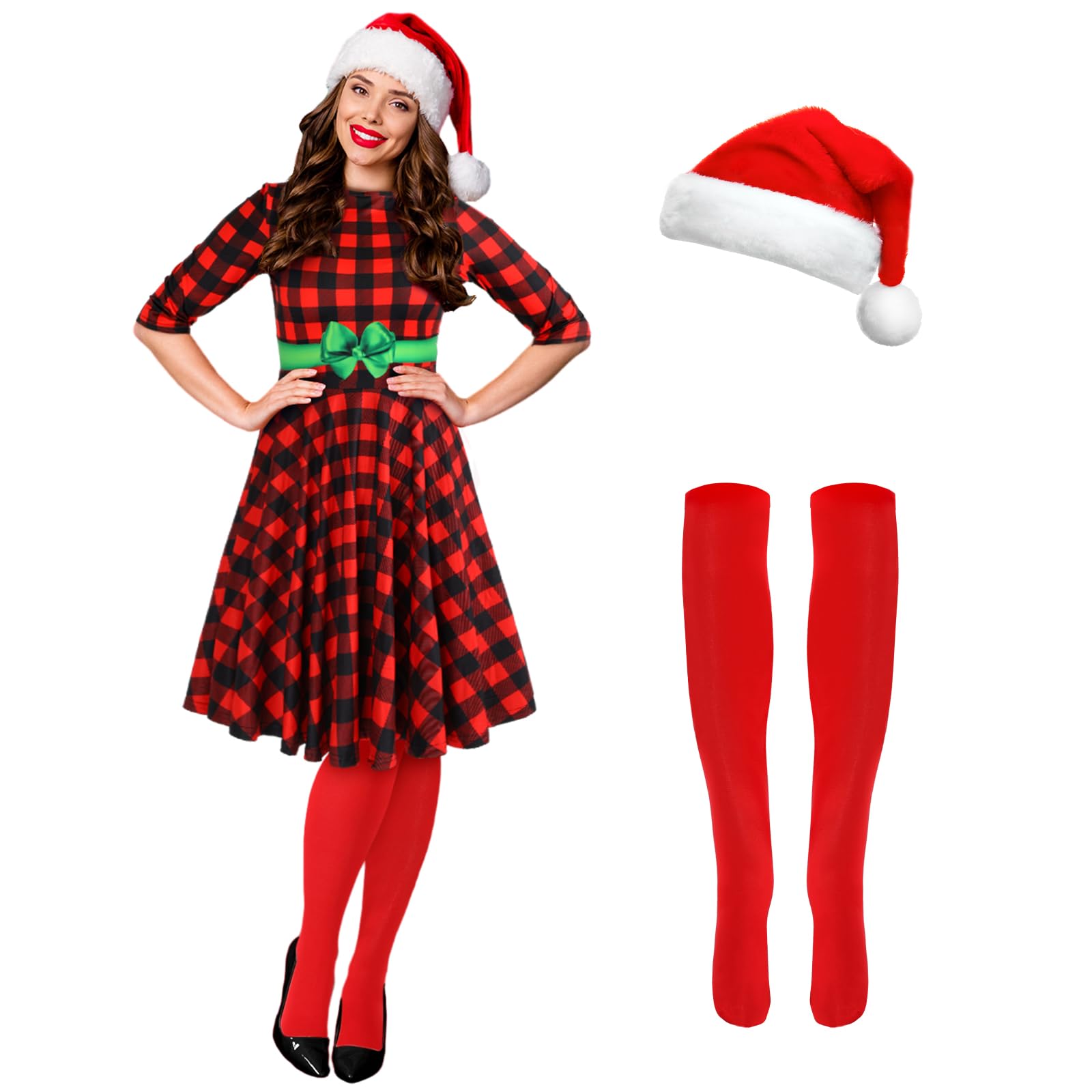 Hillban 3 Pcs Christmas Elf Costume Set Womens Short Sleeve Christmas Dress Thigh High Socks Santa Hat for Xmas Party