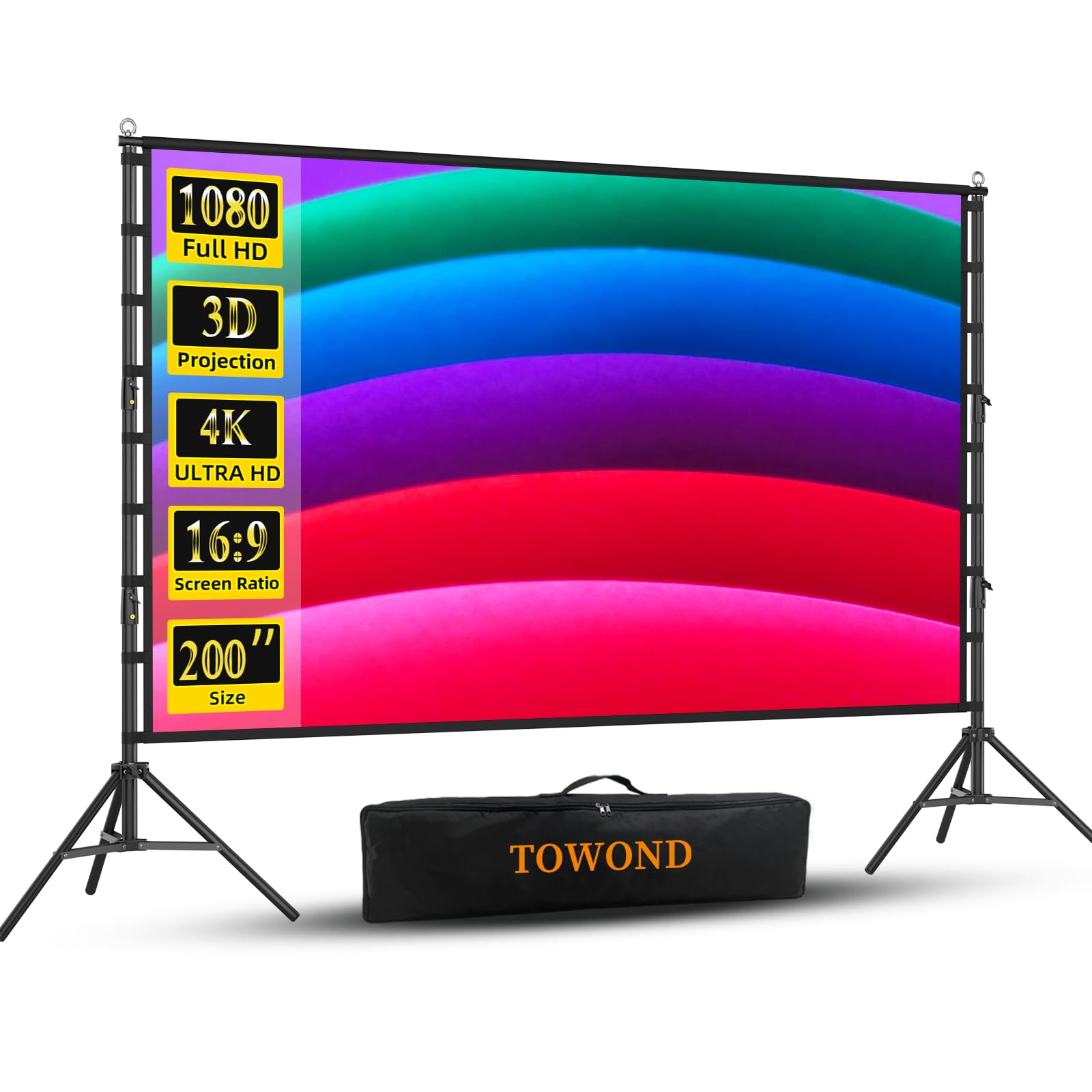TOWOND Projector Screen and Stand, 200 inch Outdoor Projector Screen 16.6 FT Large Projection Screen, Portable 16:9 4K Rear Front Movie Screen with Carry Bag Wrinkle-Free Design for Backyard Theater