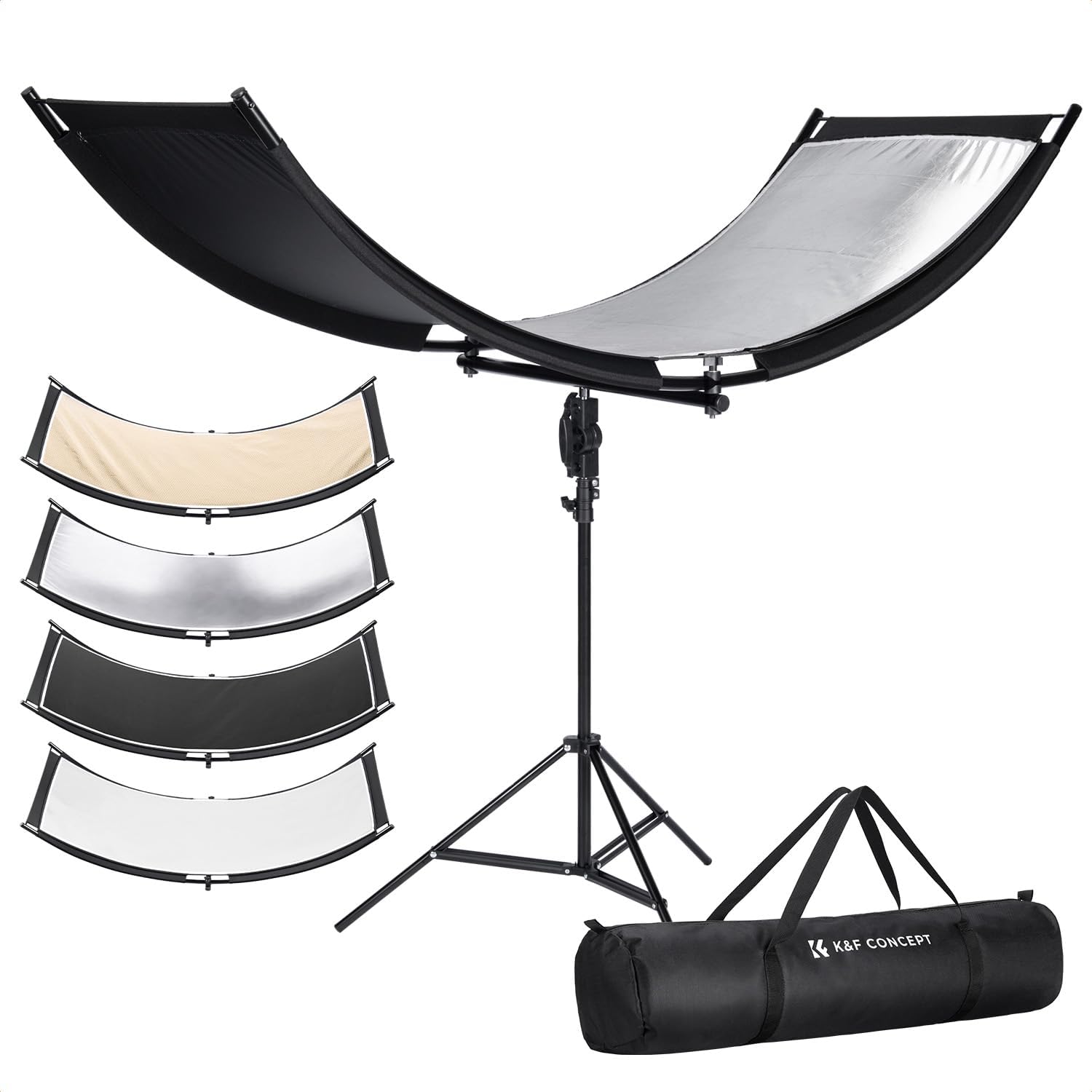 K&F Concept U-Shape Reflector Curved Reflector 180x60cm with 4-in-1 Reflective Fabric, Black/Gold/White/Silver, with 1.9m Stand, with Storage Bag, for Photography Studios