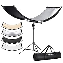 K&F CONCEPT Reflector curvado en forma de U 70.9x23.6 in con tejido reflectante 4 en 1, negro/oro/blanco/plata, con soporte de 6.2 ft, con bolsa de almacenamiento, para estudios de fotografía