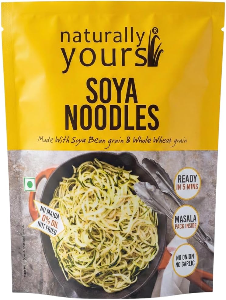 Naturally Yours Soya Hakka Noodles | Soybean & Wheat Protein | No Maida, No Onion No Garlic, Jain Friendly, Vegan, Preservative Free, No MSG | High Protein & Fiber | Tastemaker Inside | 180g Pack