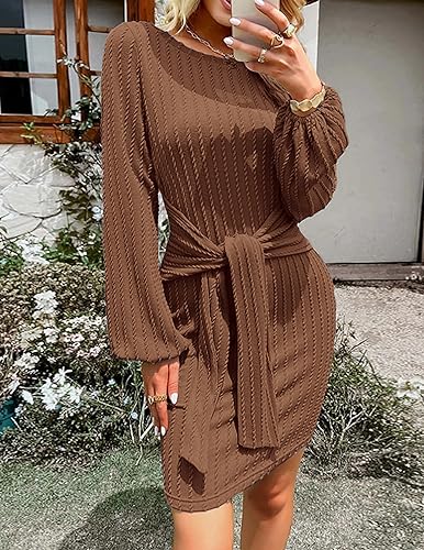 HOTOUCH Women's Casual Knit Dress Long Lantern Sleeve Fall Bodycon Dress Crewneck Tie Waist Rib Knitted Sweater Dresses3
