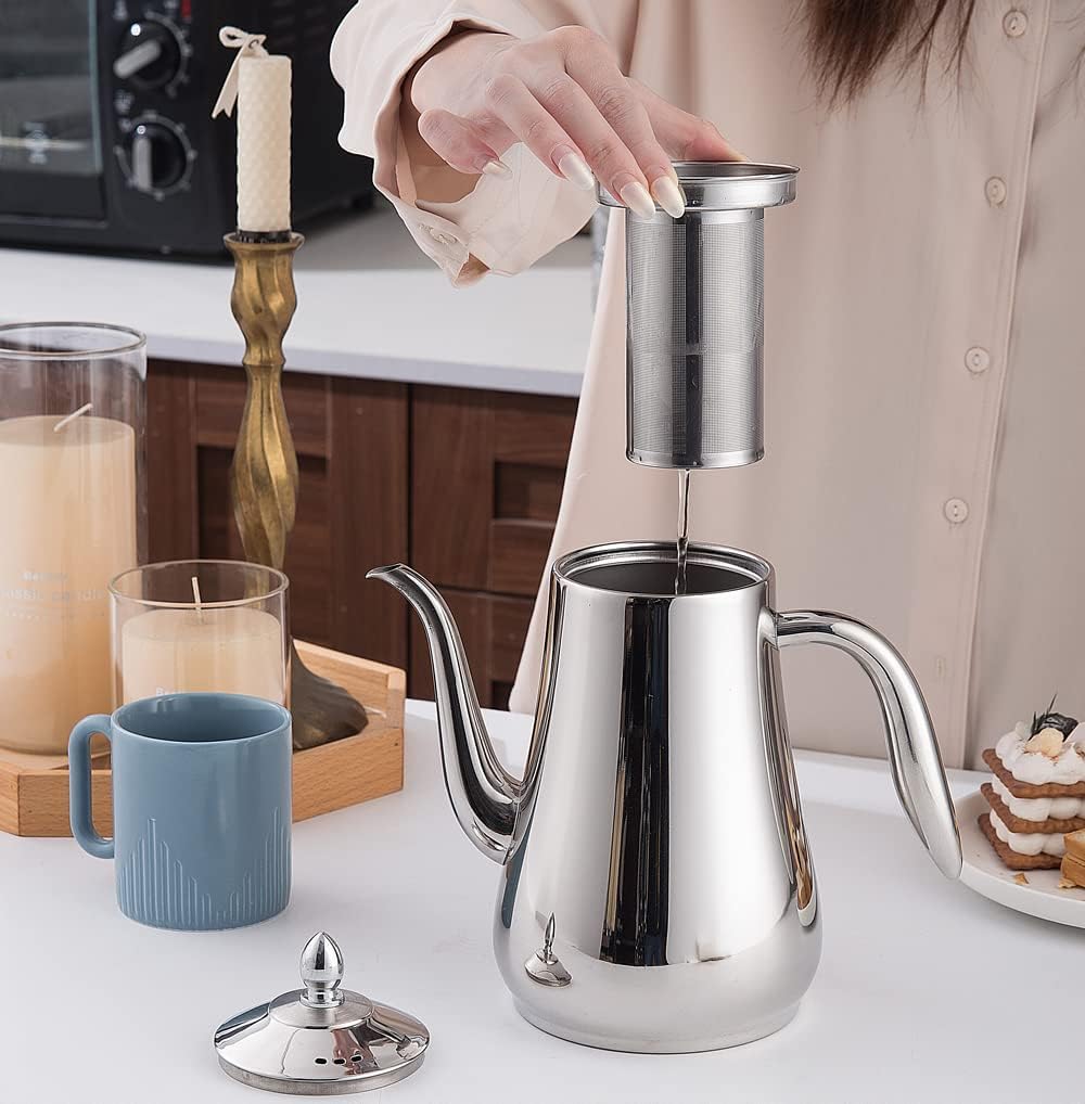 1750ml Théière en acier inoxydable avec infuseur Style moderne，Bouilloire de grande capacité, cafetière goutte à goutte, bouilloire froide,argent
