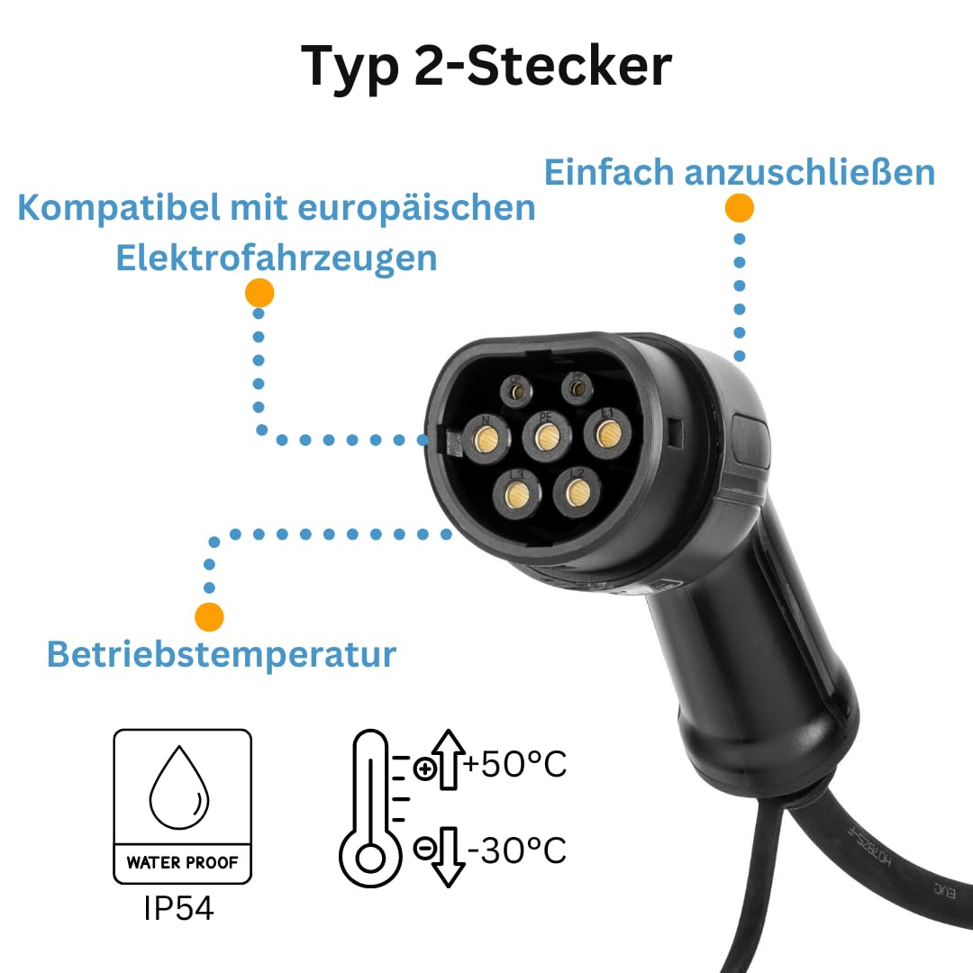 Tragbares Typ 2 Ladekabel 220V | 16A 1-Phasig 3.6kW, 5m| mit Display & Stromstärkenwahl | 5m Ladegerät mit Schutzfunktionen für Elektroautos | IP54 | EV Charging Cable mit Zeitfunktion