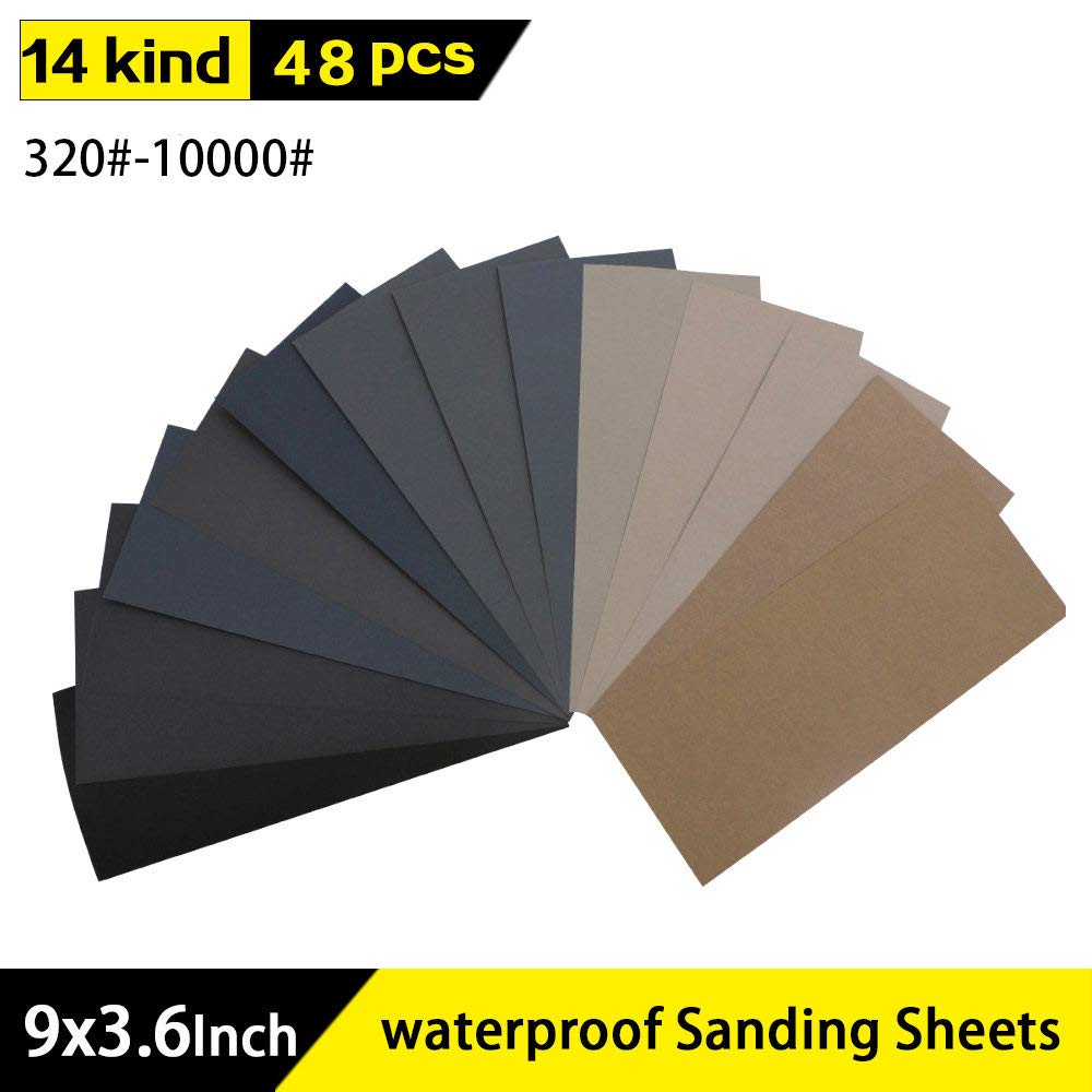 48pcs 9quot;x3.6quot; Papier abrasif sec humide 320 à 10000 grains assortis pour la finition de meubles en bois, le ponçage du métal et le polissage automobile,H