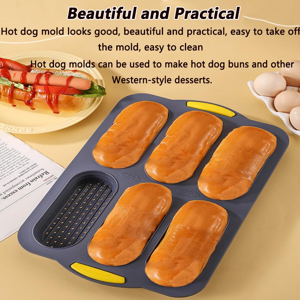 OUGETHER Hot Dog Bun Pan, 6 Cavity Silicone Bread Loaf Pan for Baking, Baguette Mold for Baking, Nonstick & Heat Resistant Proof Homemade Hotdog Bun Baking Pans, Sub Roll Bread Pan (Gray)
