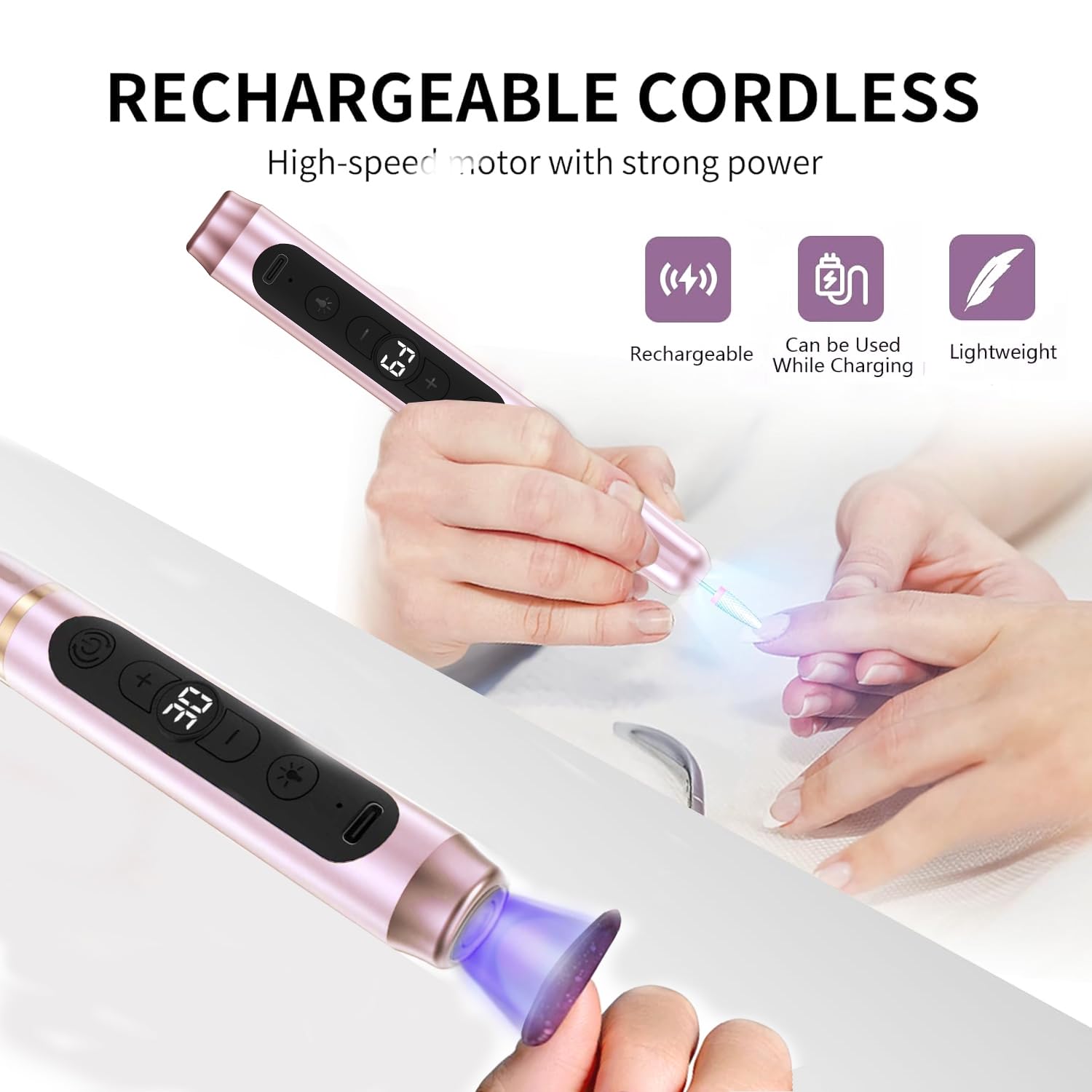 Fresa per Unghie 12 in 1 Kit Professionale 20000RPM Elettrica Fresa Unghie Elocità Regolabil Lima Lampada Unghie LED UV 2 in 1 Rosa
