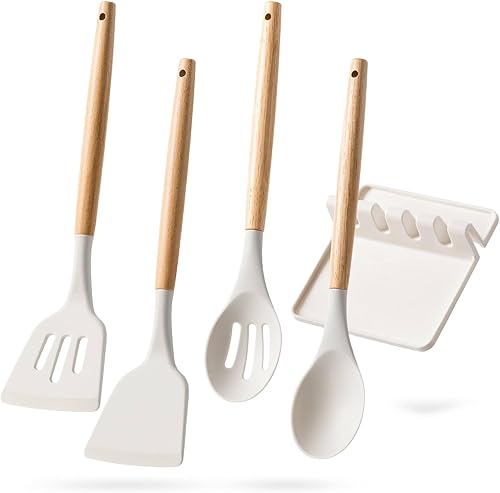 Juego de utensilios de cocina de silicona con asas de madera, juego de espátulas de 4 piezas y soporte para cucharas, resistentes al calor,