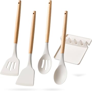 Silicone Cooking Utensils Set with Wooden Handles, 4-Piece Spatula Set and Spoon Rest Heat Resistant, Non-Stick Kitchen Utensils, Silicone Spoons for Cooking, Multi-Purpose Spatula Spoon