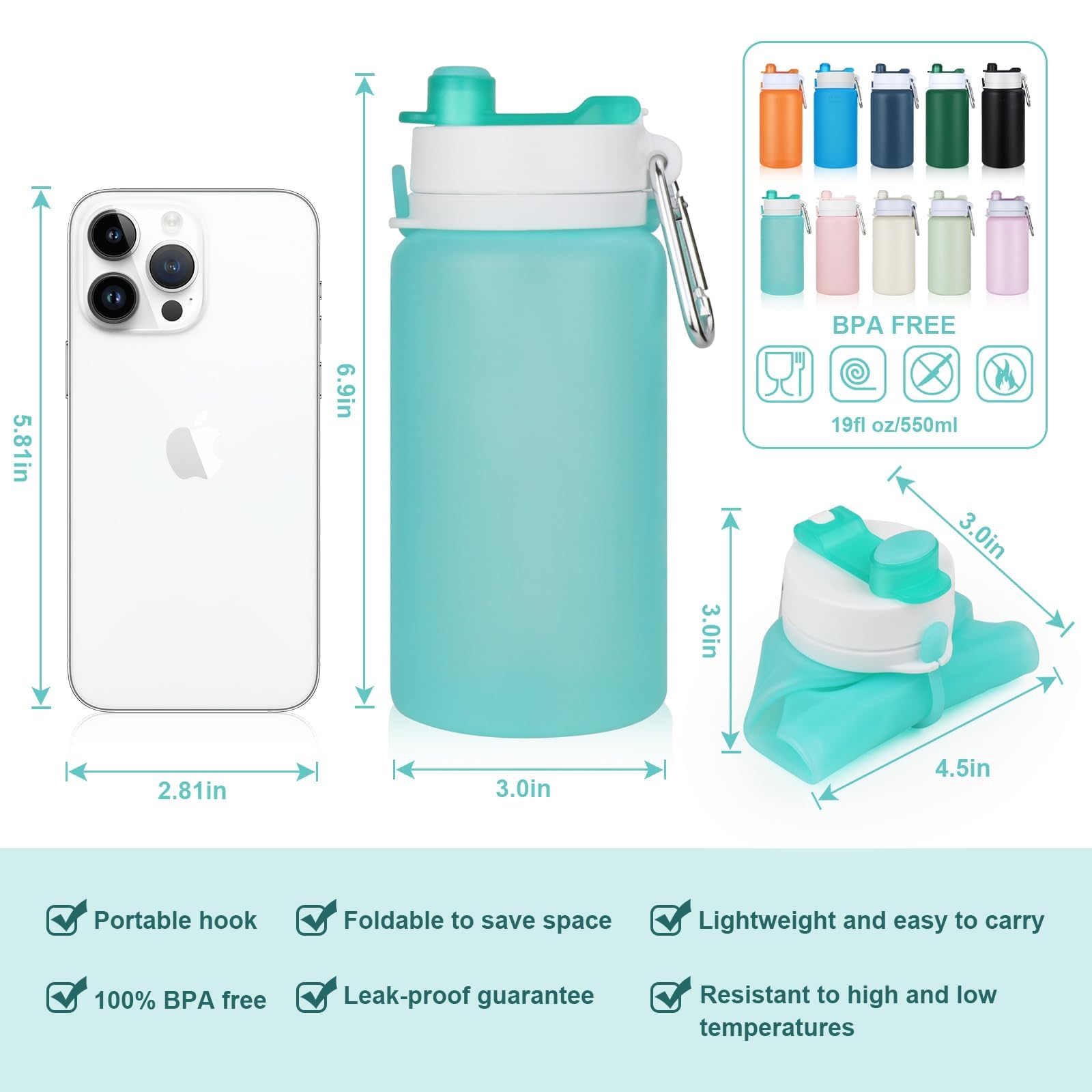 PLTCAT Faltbare Wasserflaschen, 540 ml, faltbare Silikon-Reiseflaschen | Grün, BPA-freies Silikon, auslaufsichere Deckel, spülmaschinenfest, Karabiner-Clips, kompaktes Roll-Up-Design