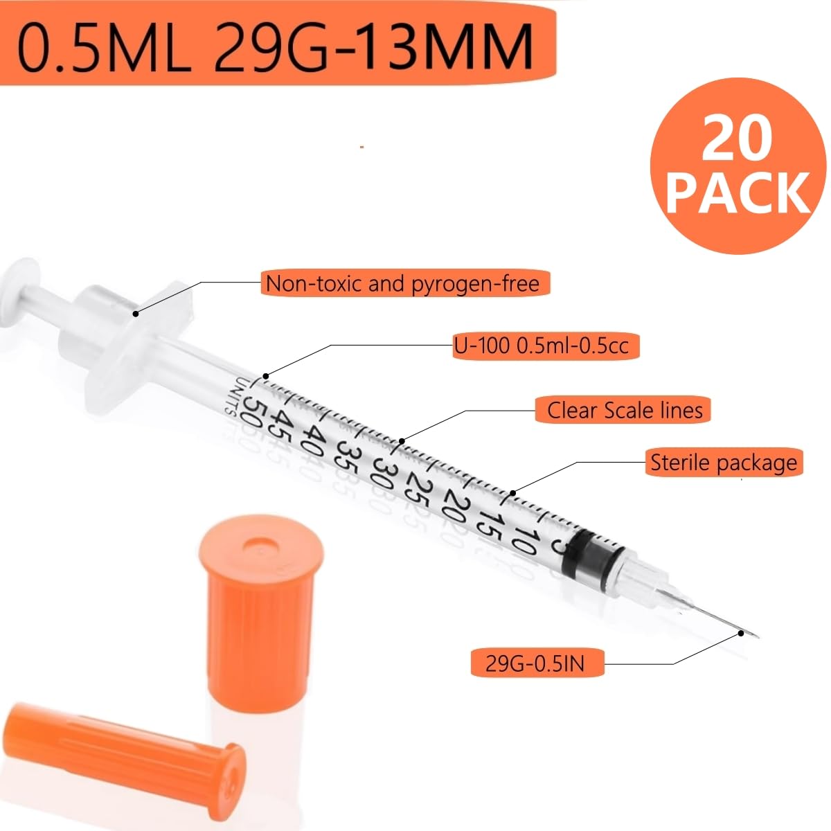 1/2ml 29G 1/2 Inch Measuring Syringes Lab Supplies, Individually Sealed Wrapped - Pack of 20 — Amazon image 2