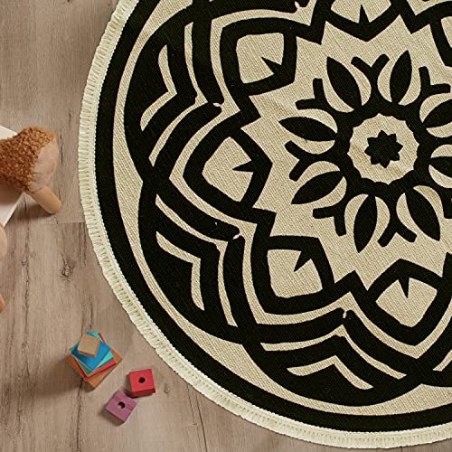 Chardin Home Round Farmhouse Rug 3 Feet Black & White Mandala | Recycled Cotton Hand Woven Rug, Circle Boho Rug | Perfect For Kitchens, Bathroom, Bedrooms, Meditation Mat | Machine Wash #TOP3