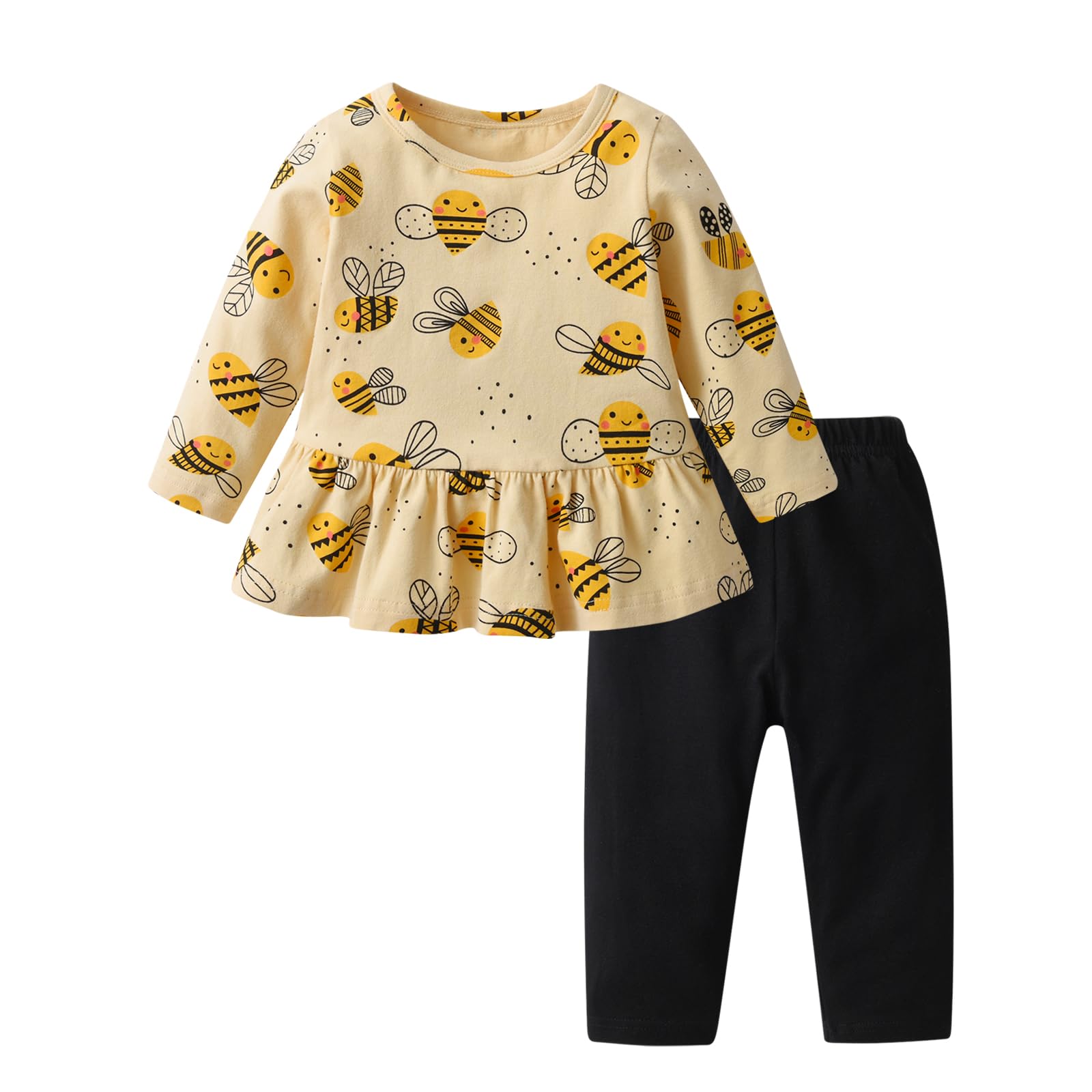 Eghunooy Baby Girls Clothes Set 2 Piece Long Sleeve Bee Printed Tops + Pants Infant Outfits (12-18 Months) Yellow and Black