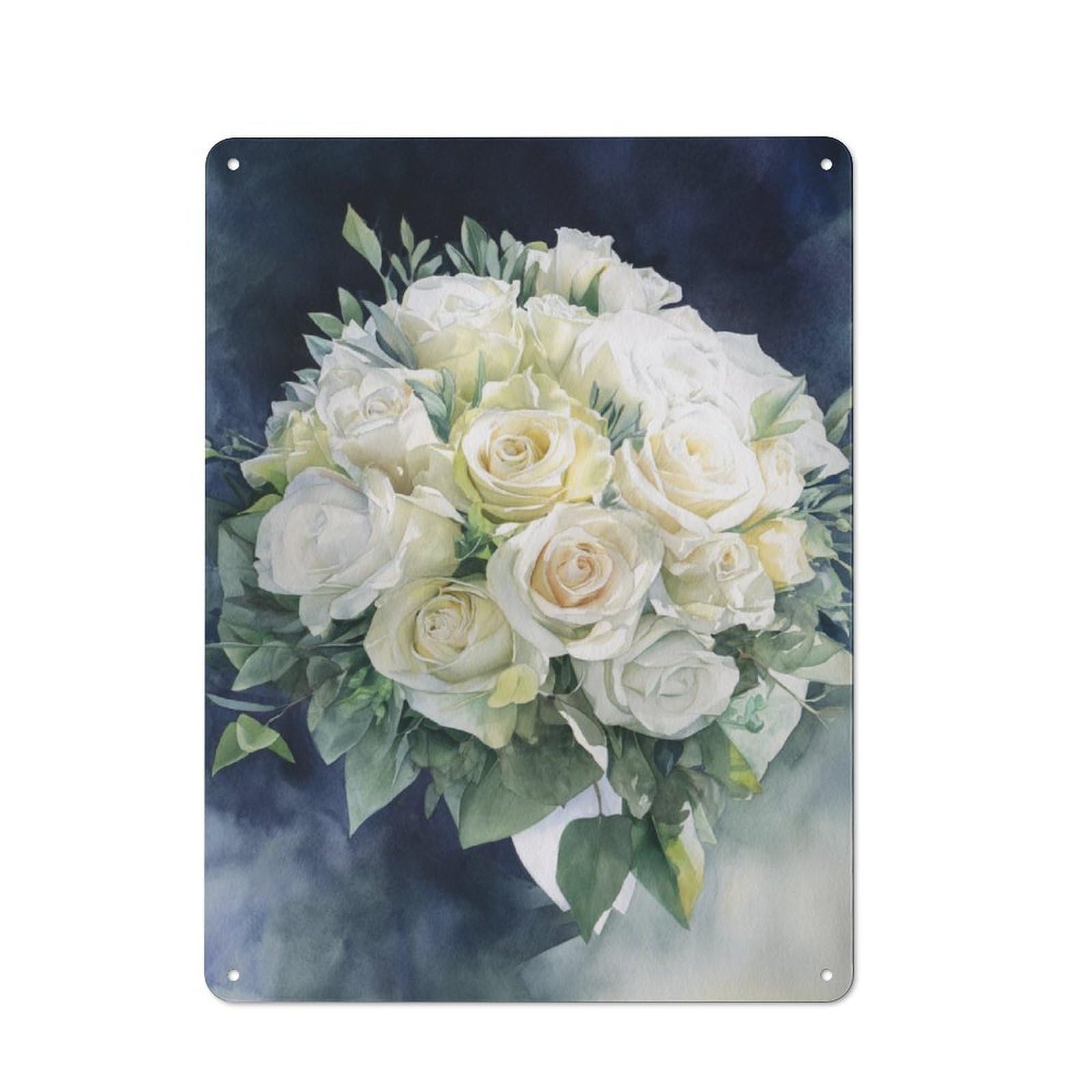 Junmoney White Rose Bouquet Watercolor Painting Creative Metal Wall Decor 40X30cm, Metal Desk Wall Sign For Hobby Room, Office, Lounge Or Living Room