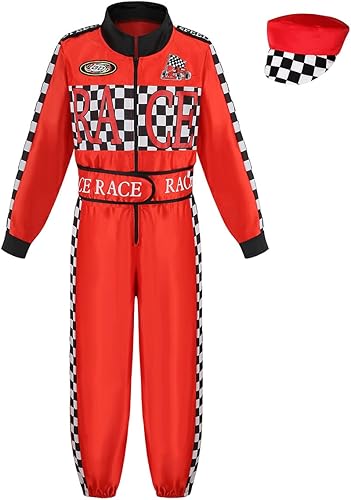 HAPNBCELE Disfraz de piloto de coche de carreras para niños y niñas, traje de cosplay de carreras de Halloween, overol de corredor con gorra de coche