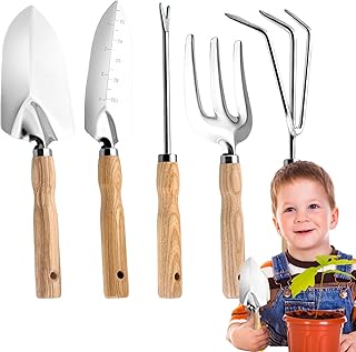 ガーデニング手工具, 5点 セット ステンレス 鋼 製 ヘビーデューティー 園芸用 フォーク 木製 ハンドル 付き 重厚 仕様, ガーデニングスターターキット, 屋外植栽 春の花 野菜栽培 掘削 水やり 植物 ピクニック用