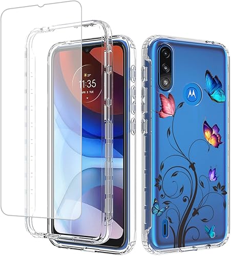 Miniatura 1 de Funda para Moto E7 PowerMoto E7i Power XT2097 con protector de pantalla de vidrio templado, cuerpo completo transparente con diseño floral, funda