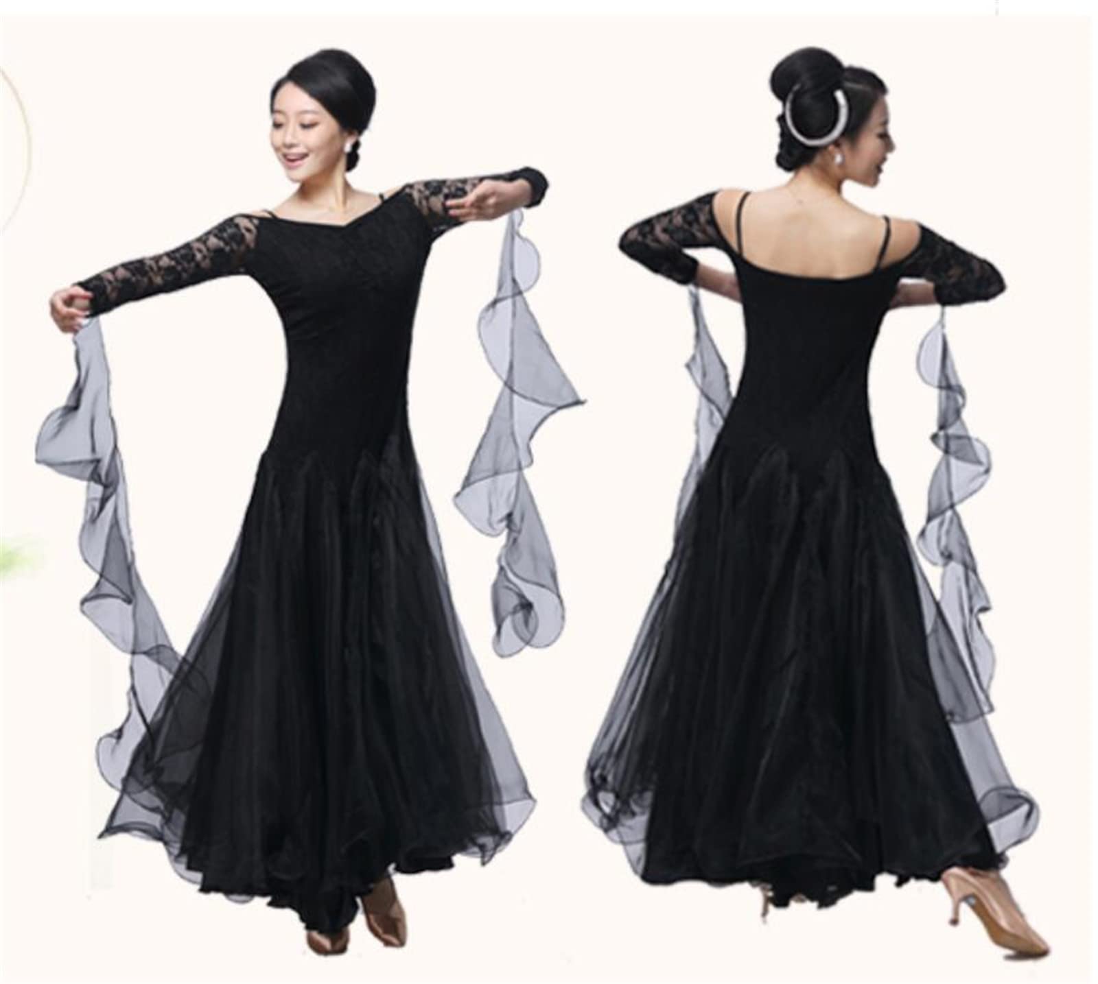 OTMYIGO Ballsaal-Kleid für Damen Walzer-Spitze Ballsaal-Tanzkleid für Damen mit Langen Ärmeln Tango-Tanzkleider Standard-Kleid