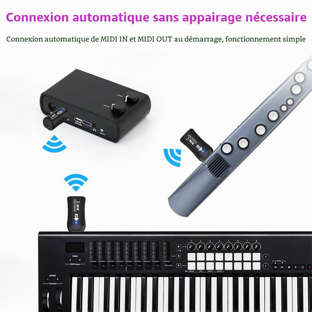 Sanfoelek Adaptateur MIDI sans fil o émetteur récepteur 2,4 GHz ultra faible latence intégré silencieux connecteur MIDI portable pour instruments à vent guitare piano numérique clé