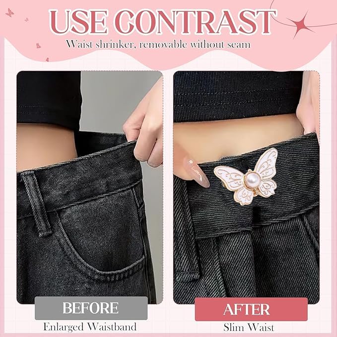 Image of YEKDA 4 Sets Butterfly Jean Buttons Waist Tightener for Loose Pants, No-Sew Adjustable Waist Buckle Clips, Detachable Decorative Jean Button Pins for Women's Jeans & Skirts (Butterfly 4 Pcs)