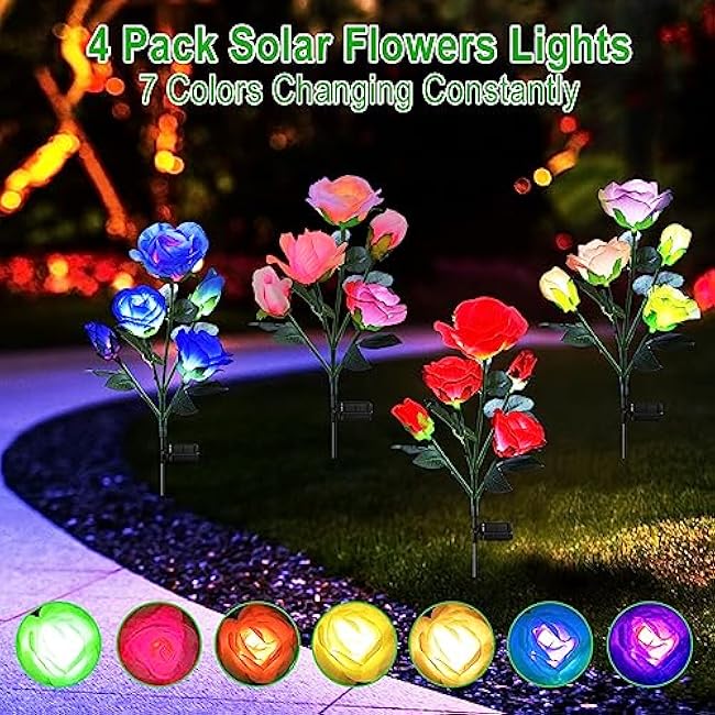 ANGMLN 4 Pack Solar Garden Lights, Solar Flower Lights Outdoor Waterproof with 20 Head Rose 7-Color Changing Landscape Light for Garden Yard Pathway Patio Grave Cemetery Decoration