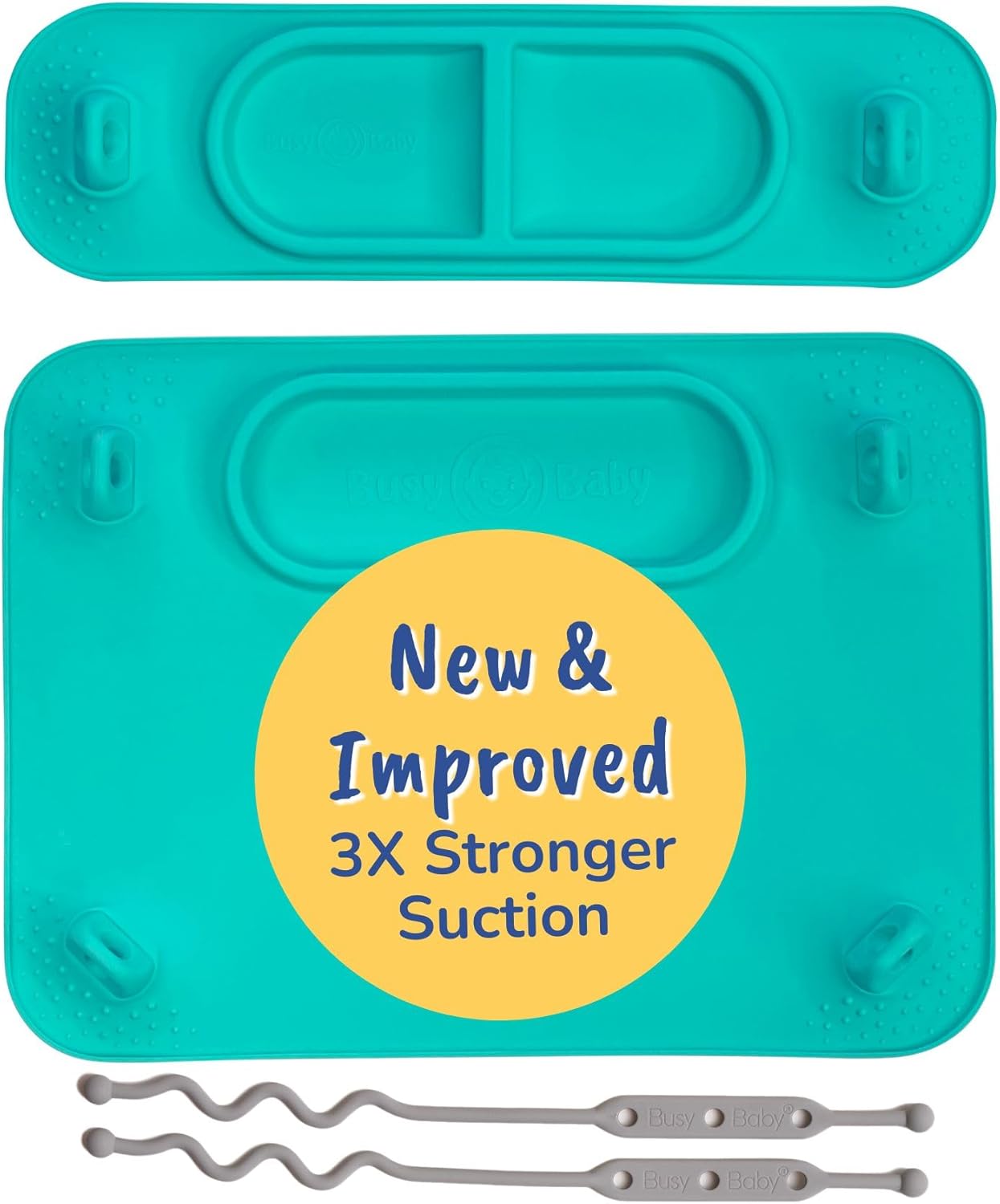 BUSY BABY Silicone Mat Bundle - 1 Original Mat Plus 1 Mini Mat, New Stronger Suction Cups, 6 Straps to Secure Baby Essentials and Keep Off The Floor, Baby Led Weaning, Wet Bag Included (Spearmint)