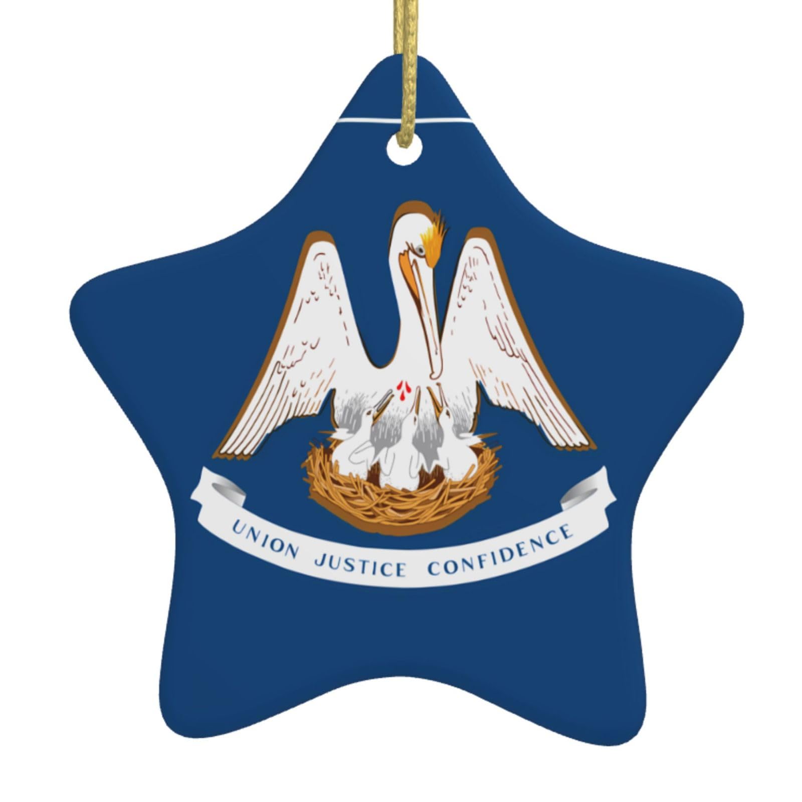 Louisiana State Flag Christmas Ceramic Star Pendant with Punched Holes and Gold Wire Rope, Christmas Tree Home Decoration
