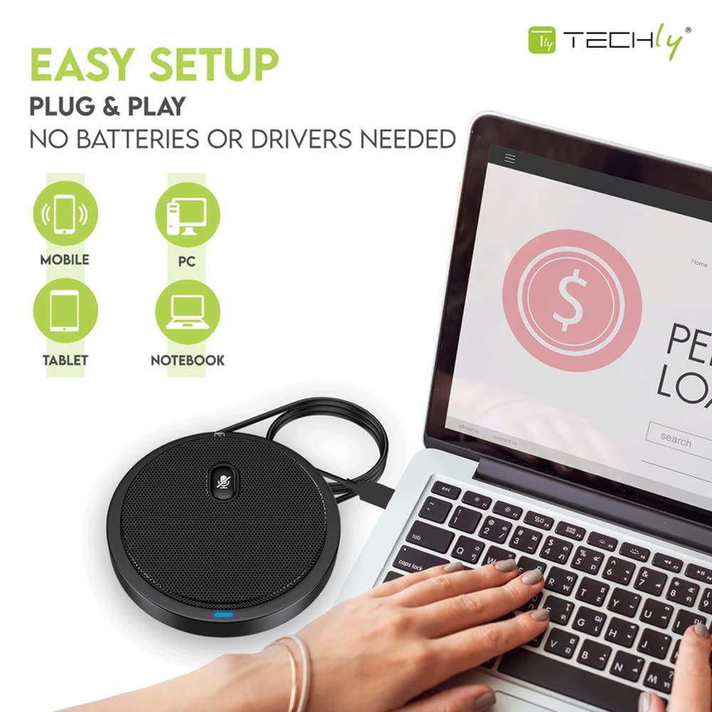 Techly 362725 Microfono USB Omnidirezionale da Conferenza con Tasto Muto Nero