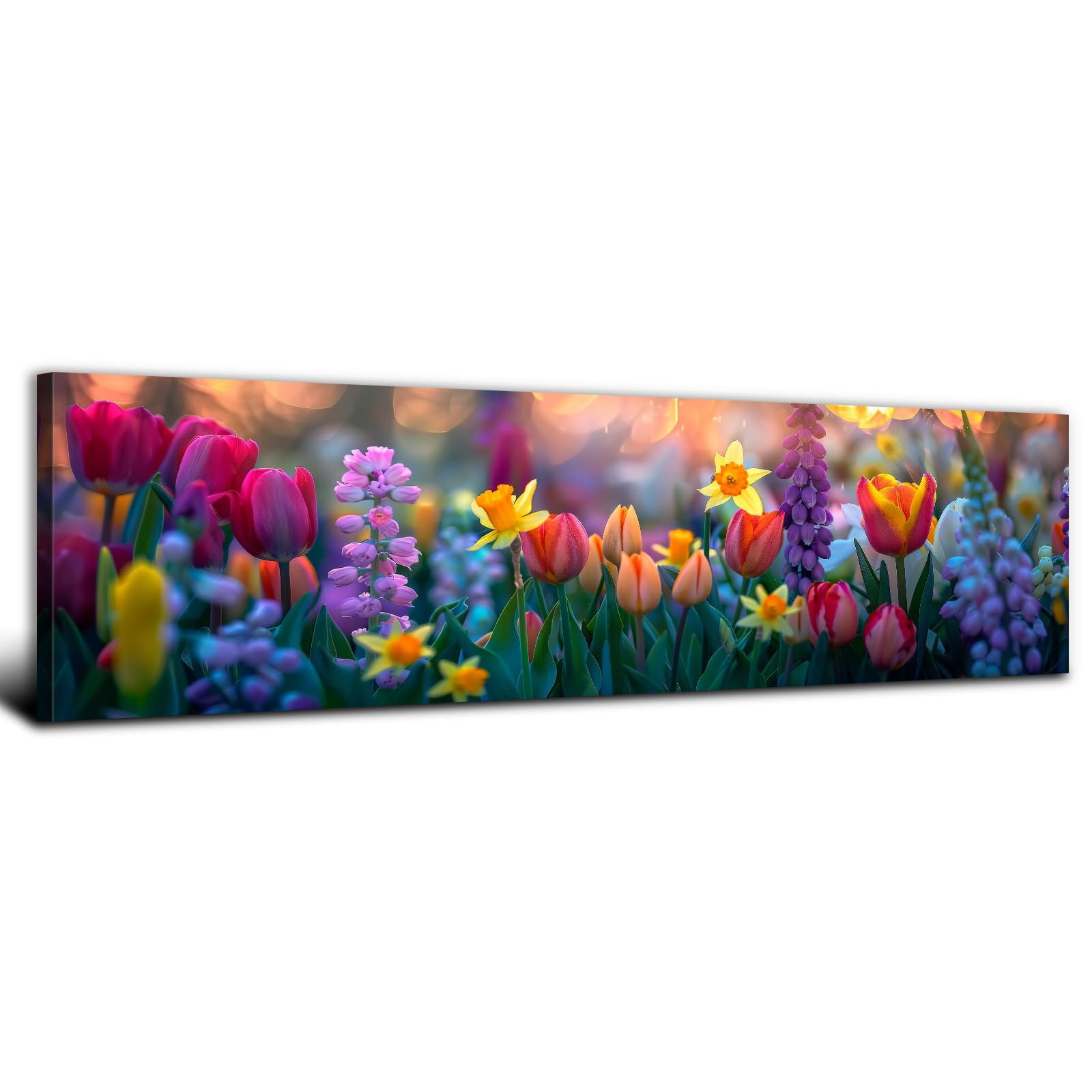 Nature Flower Landscape Canvas Wall Art Yoga Living Room Wall Decor Sunset Colorful Floral Picture Prints Purple Tulips Poster Painting Large Artwork for Bedroom Modern Home Easter Decorations 14x48"