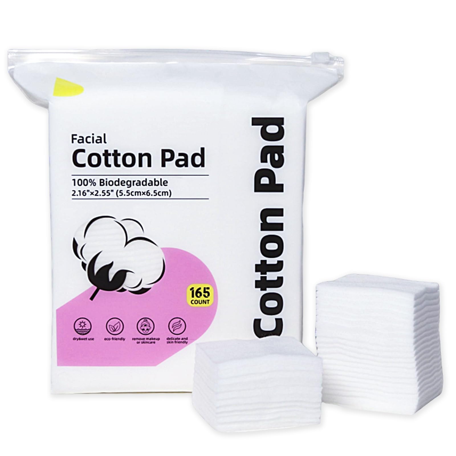 100% Cotton Squares for Face, 165 Count, Lint-Free, Ideal for Sensitive Skin, Cleansing and Makeup Removal