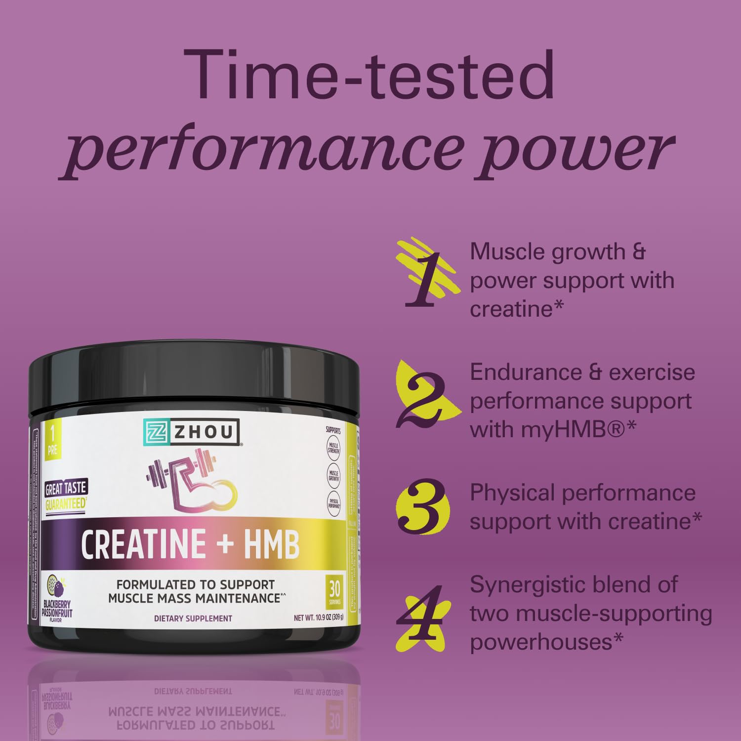 Zhou Creatine Plus HMB Powder - Muscle Growth, Power Support, Endurance, and Exercise Performance Support - BlackBerry Passionfruit Flavor - Vegan, Gluten-Free, Non-GMO - 30 Servings, 10.9 oz — Amazon image 3